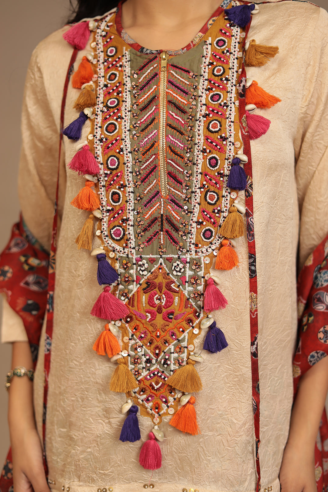 Crepe silk Suit with Pearl, Sequins, Thread work.