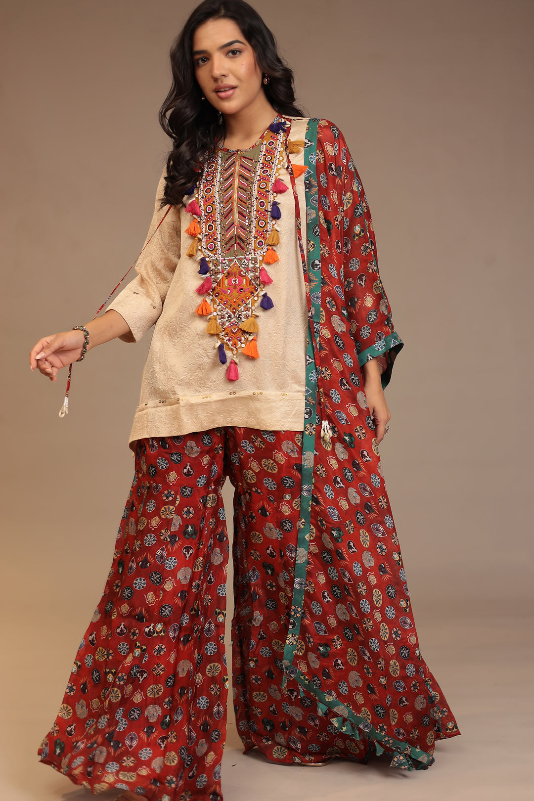 Crepe silk Suit with Pearl, Sequins, Thread work.