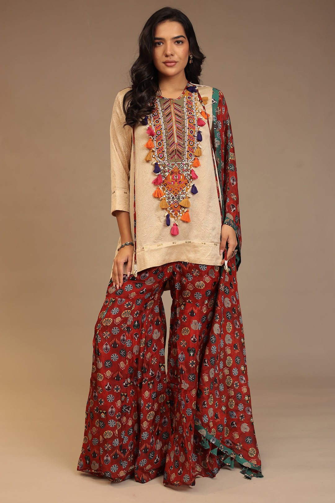 Crepe silk Suit with Pearl, Sequins, Thread work.