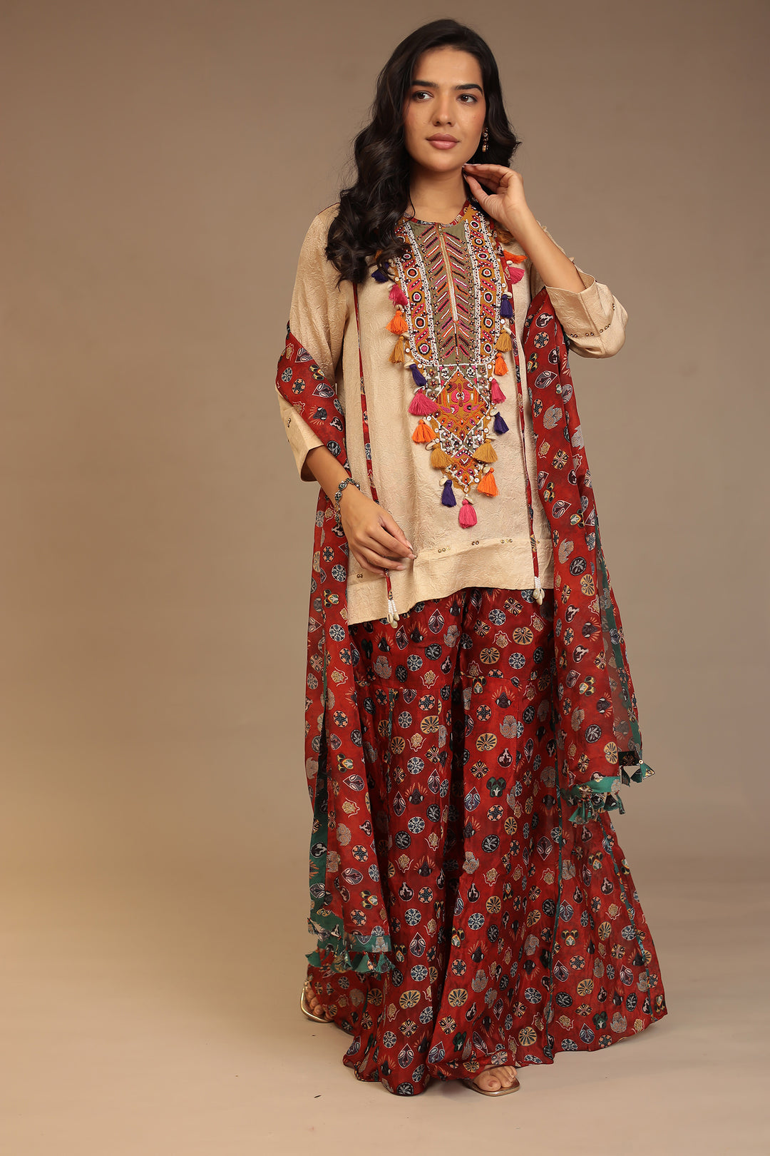 Crepe silk Suit with Pearl, Sequins, Thread work.