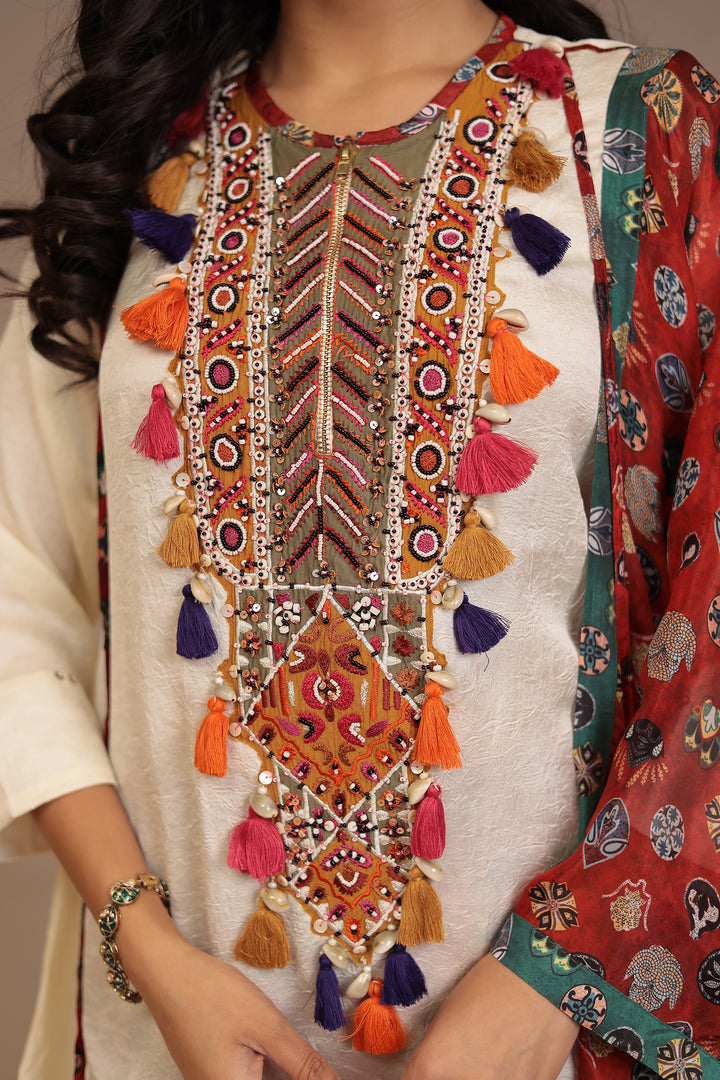 Crepe silk Suit with Pearl, Sequins, Thread work.