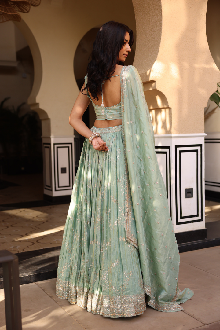 Green Tissue Lehenga Online