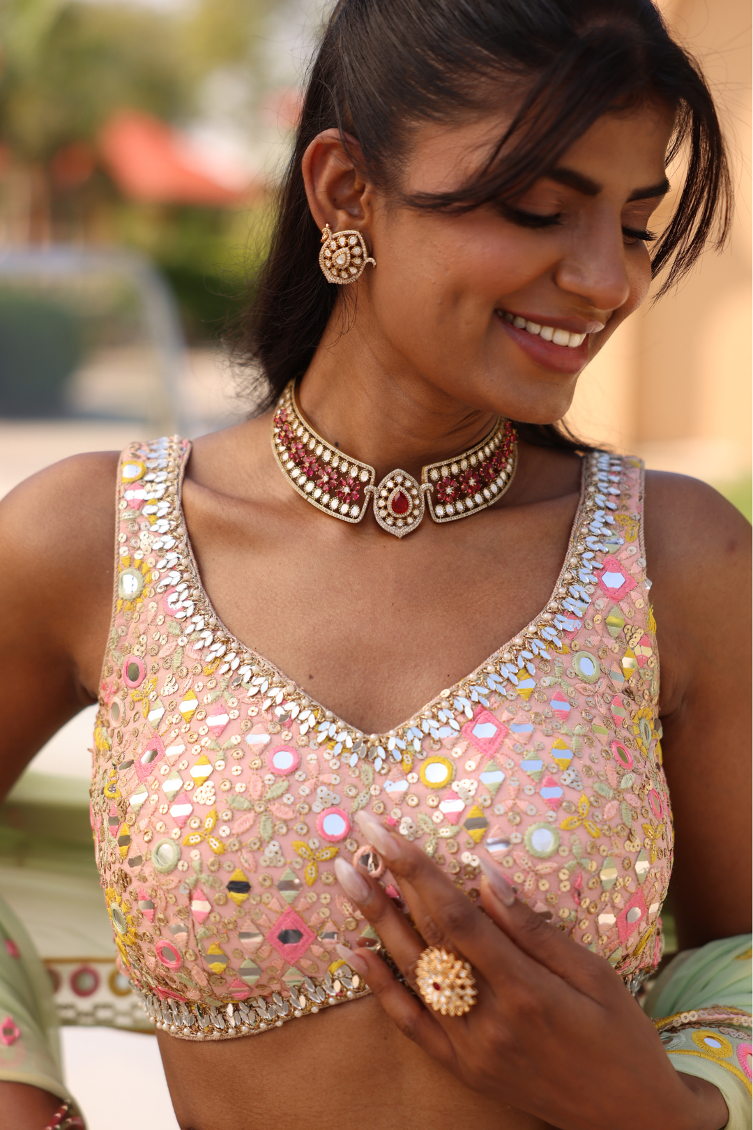 Georgette Lehenga with Aari, Mirror, Sequins, Thread work.