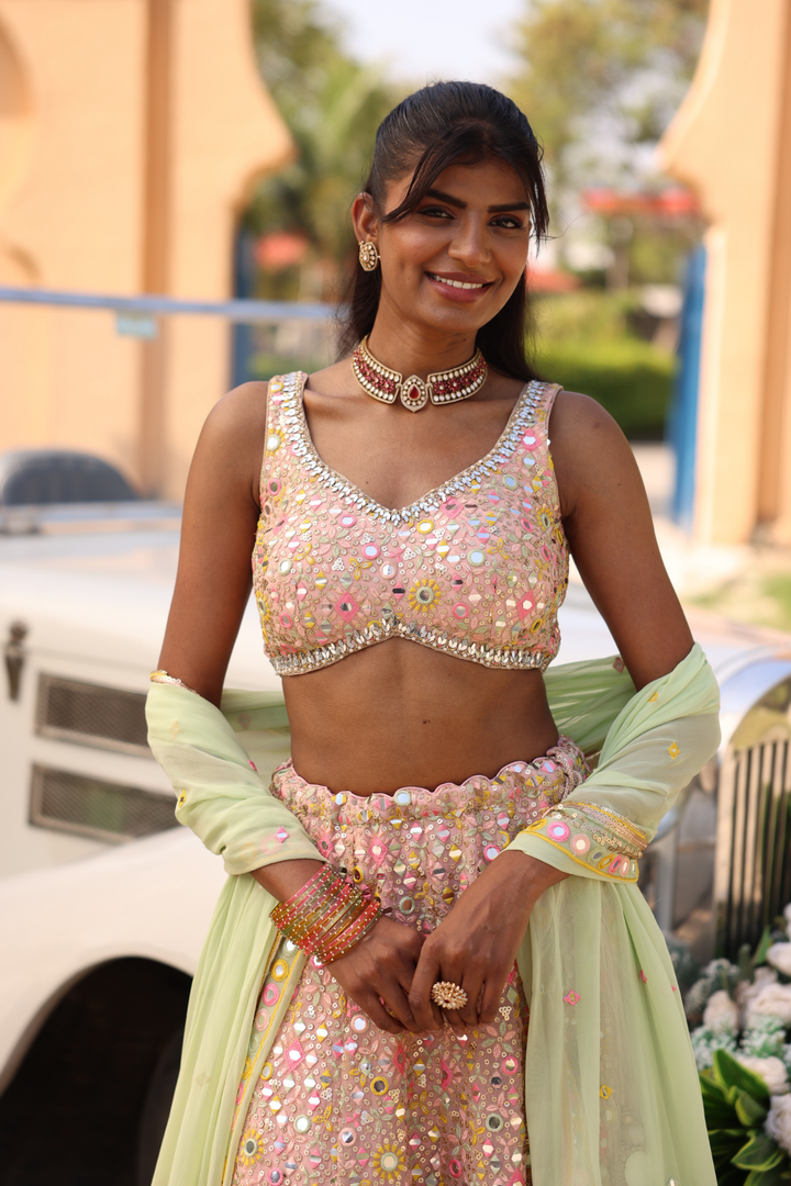 Georgette Lehenga with Aari, Mirror, Sequins, Thread work.