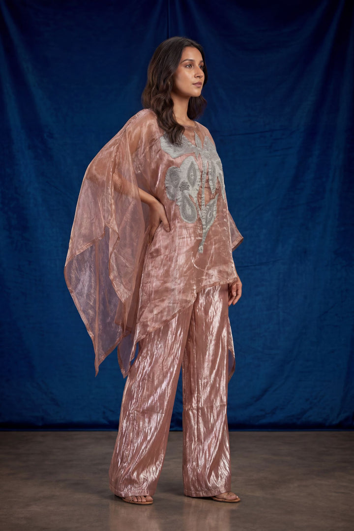 Glass Tissue Indowestern with Applique Work, Pearl, Thread work.