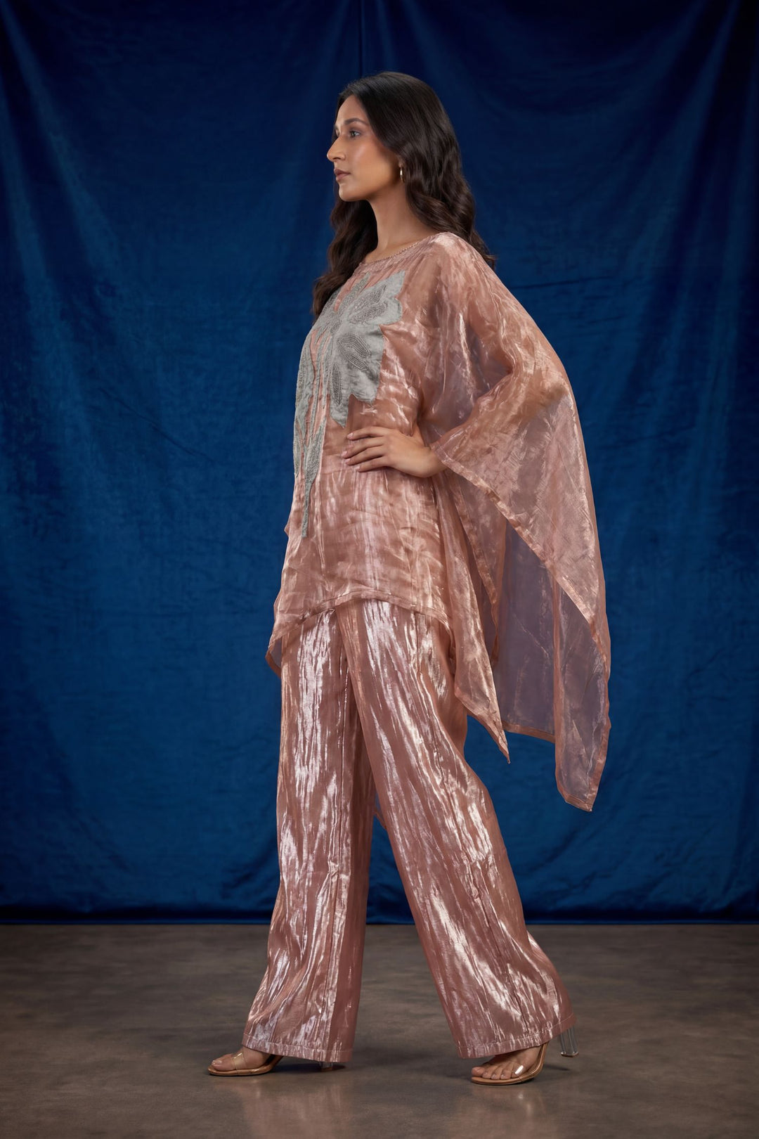 Glass Tissue Indowestern with Applique Work, Pearl, Thread work.
