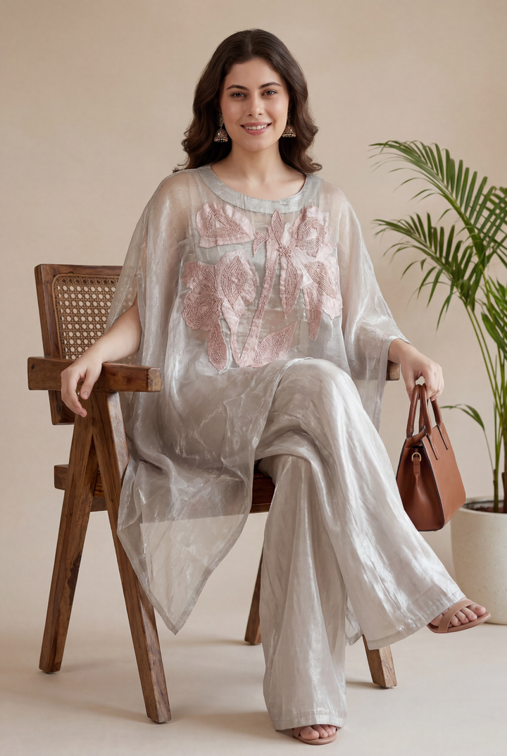 Glass Tissue Indowestern with Applique Work, Pearl, Thread work.