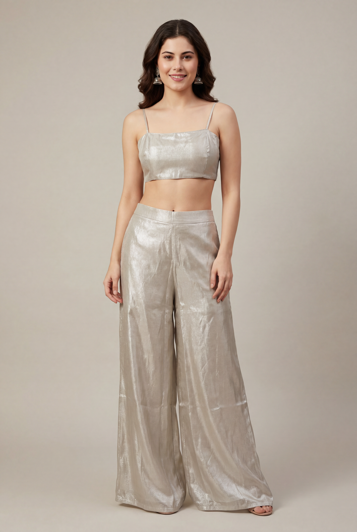 Glass Tissue Indowestern with Applique Work, Pearl, Thread work.