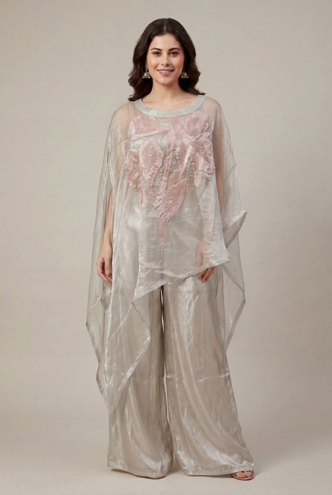 Glass Tissue Indowestern with Applique Work, Pearl, Thread work.