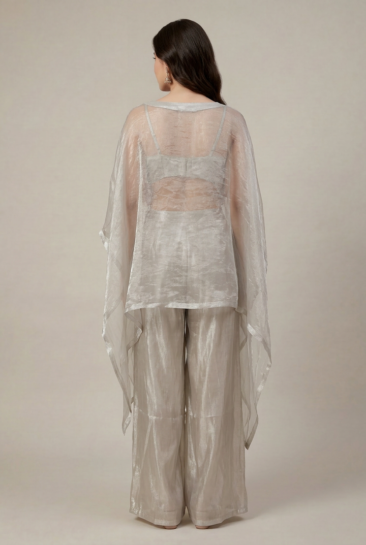 Glass Tissue Indowestern with Applique Work, Pearl, Thread work.