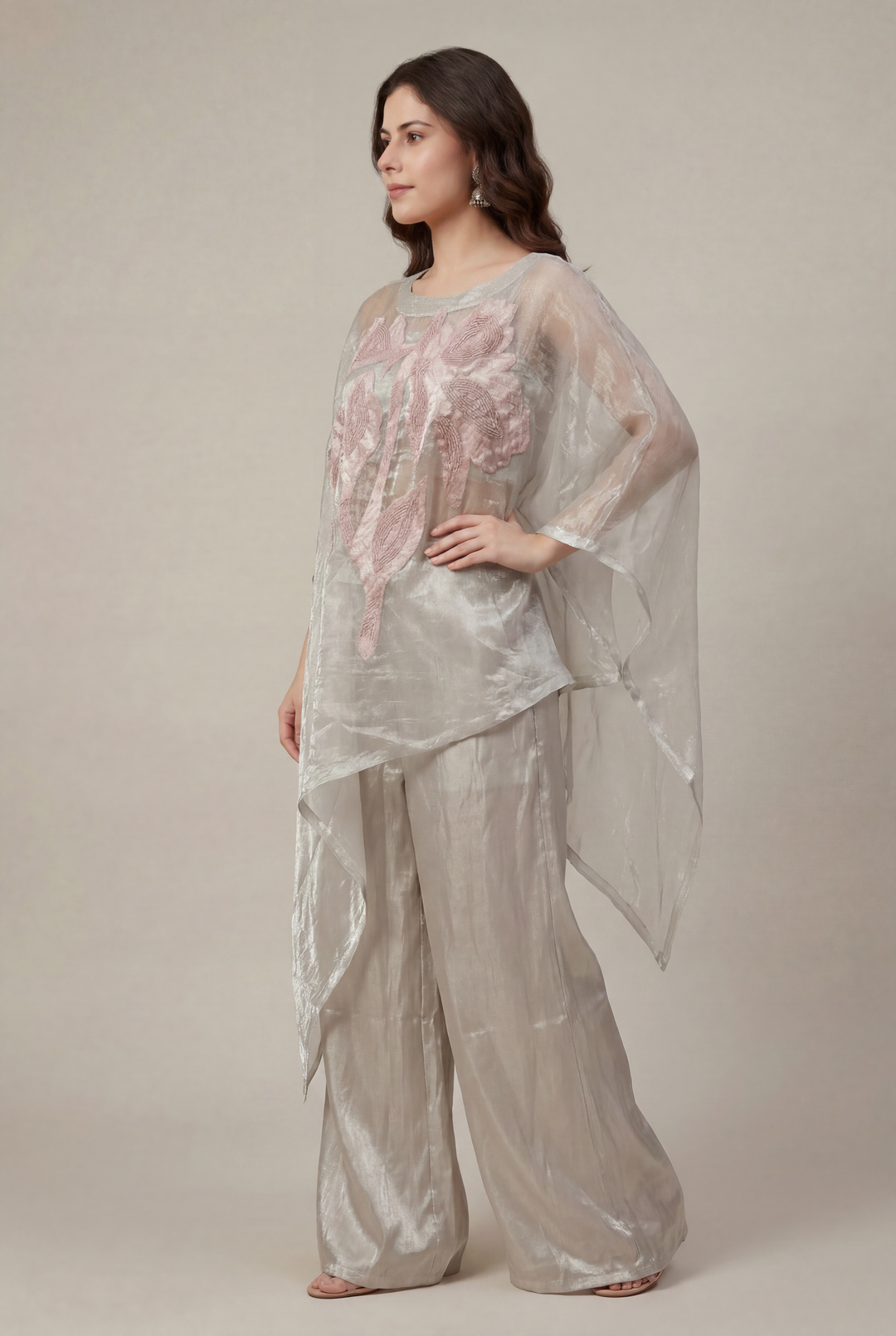 Glass Tissue Indowestern with Applique Work, Pearl, Thread work.