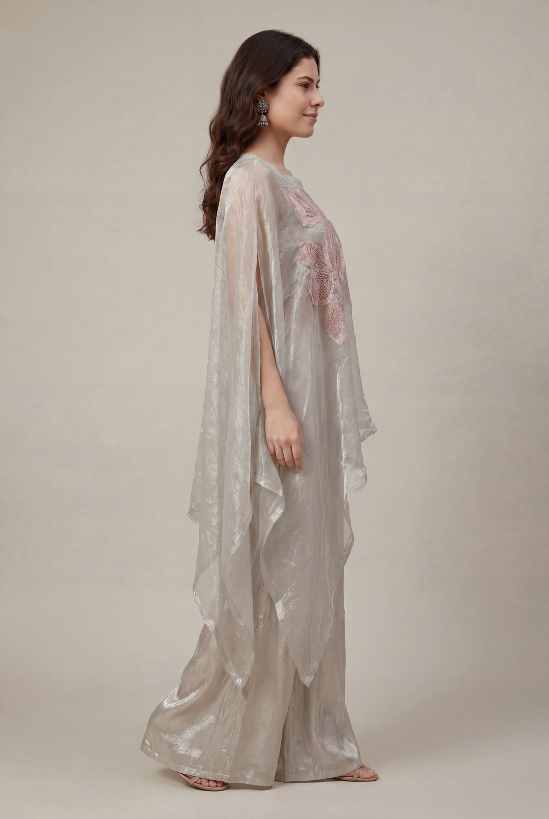 Glass Tissue Indowestern with Applique Work, Pearl, Thread work.