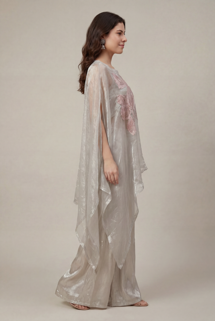 Glass Tissue Indowestern with Applique Work, Pearl, Thread work.