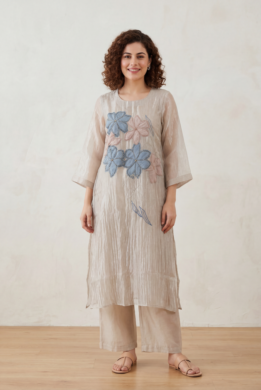 Tissue Suit with Applique, Gota, Thread, Beads work.