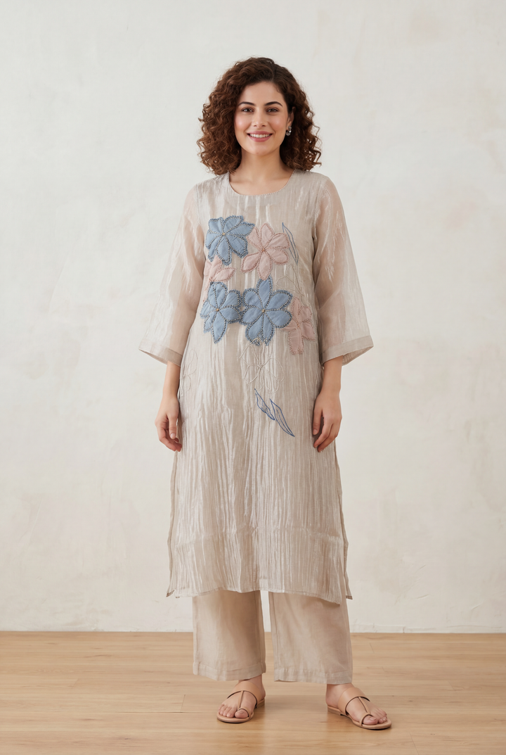 Tissue Suit with Applique, Gota, Thread, Beads work.