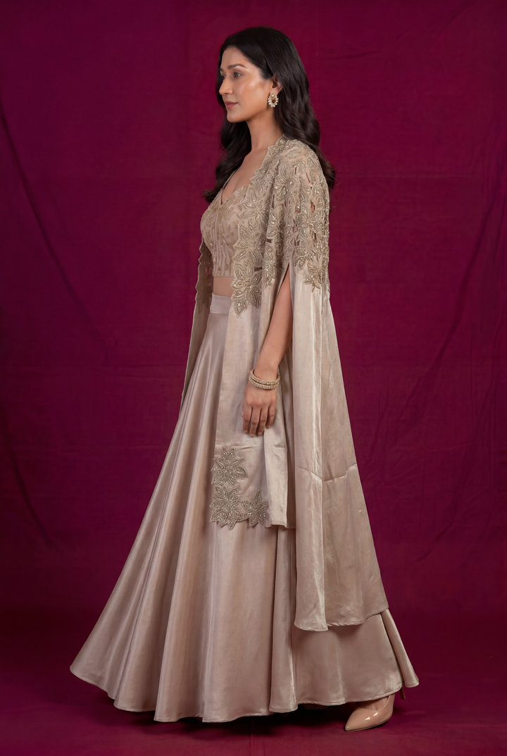 Tissue Indowestern with Cutdana, Dori, Stone, Thread work.