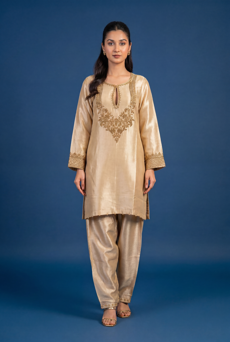 Tissue Silk Suit with Cutdana, Sequins, Zardozi work.
