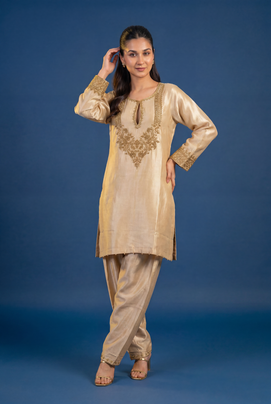 Tissue Silk Suit with Cutdana, Sequins, Zardozi work.