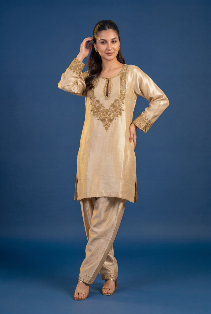 Tissue Silk Suit with Cutdana, Sequins, Zardozi work.