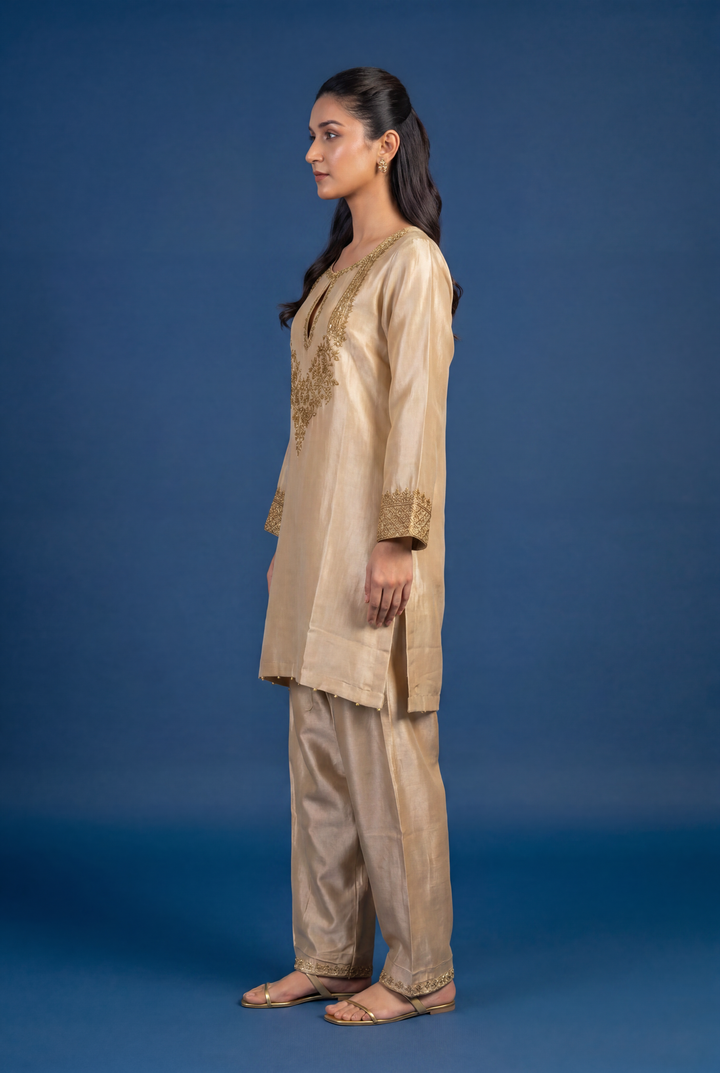 Tissue Silk Suit with Cutdana, Sequins, Zardozi work.