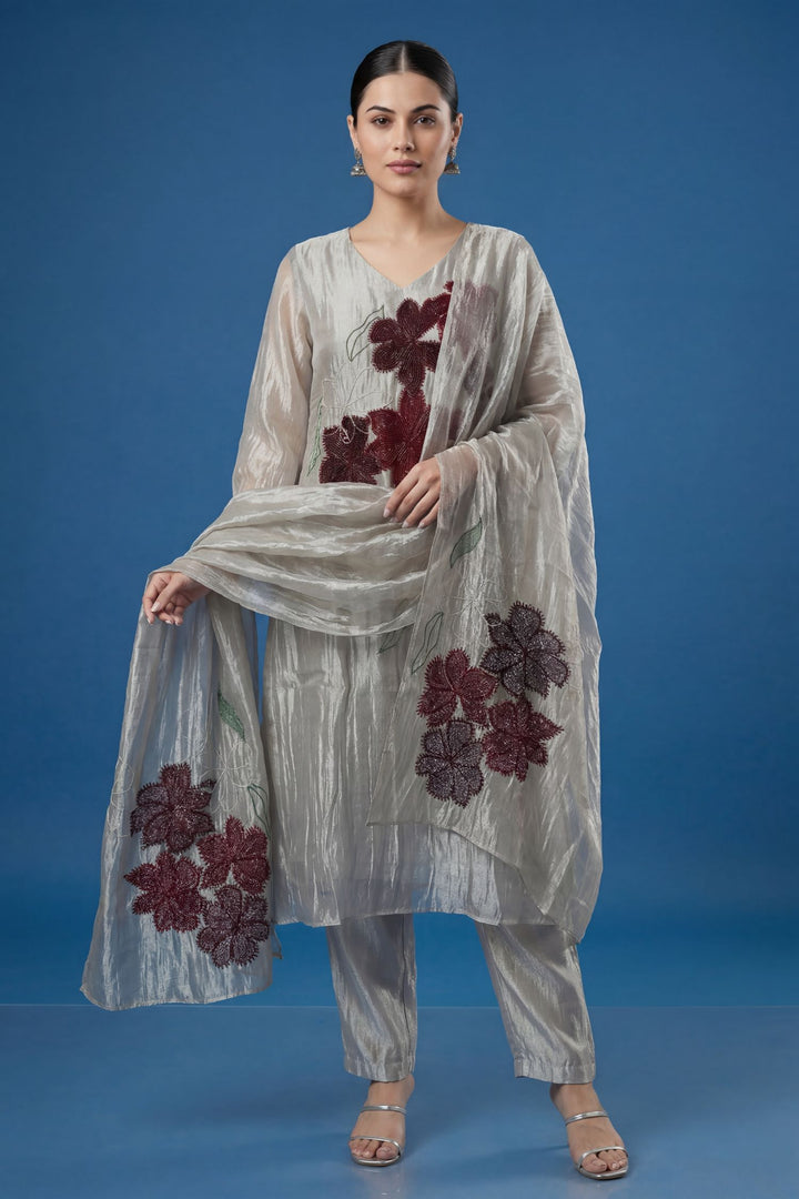 Tissue Suit with Applique, Cutdana, Gota, Thread work.