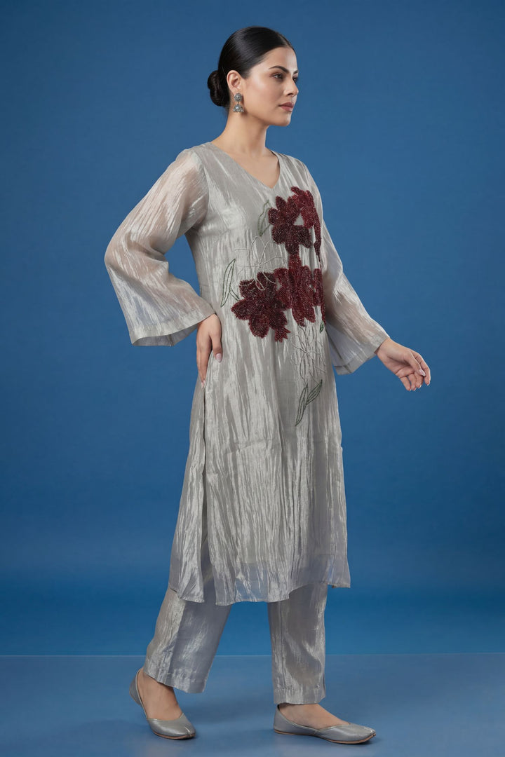 Tissue Suit with Applique, Cutdana, Gota, Thread work.