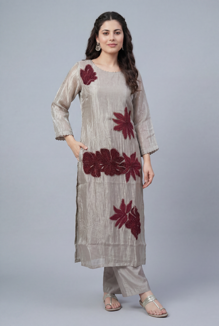 Tissue Suit with Applique, Cutdana, Gota, Thread work.