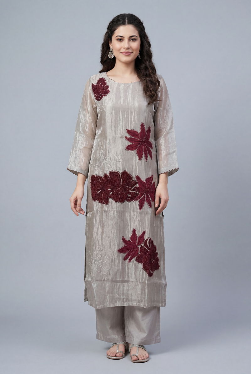 Tissue Suit with Applique, Cutdana, Gota, Thread work.