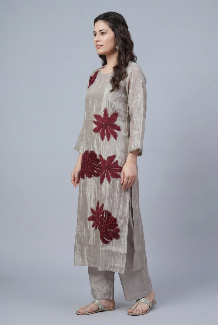 Tissue Suit with Applique, Cutdana, Gota, Thread work.