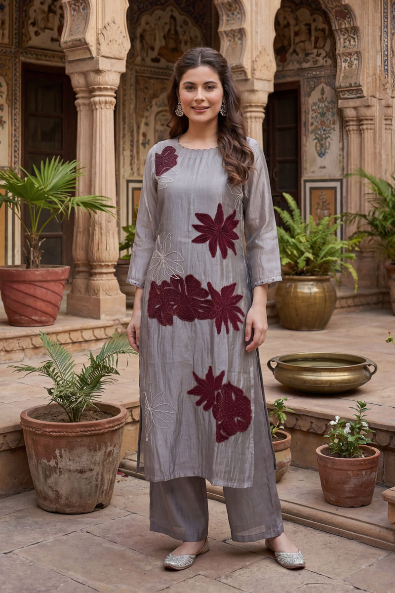 Tissue Suit with Applique, Cutdana, Gota, Thread work.