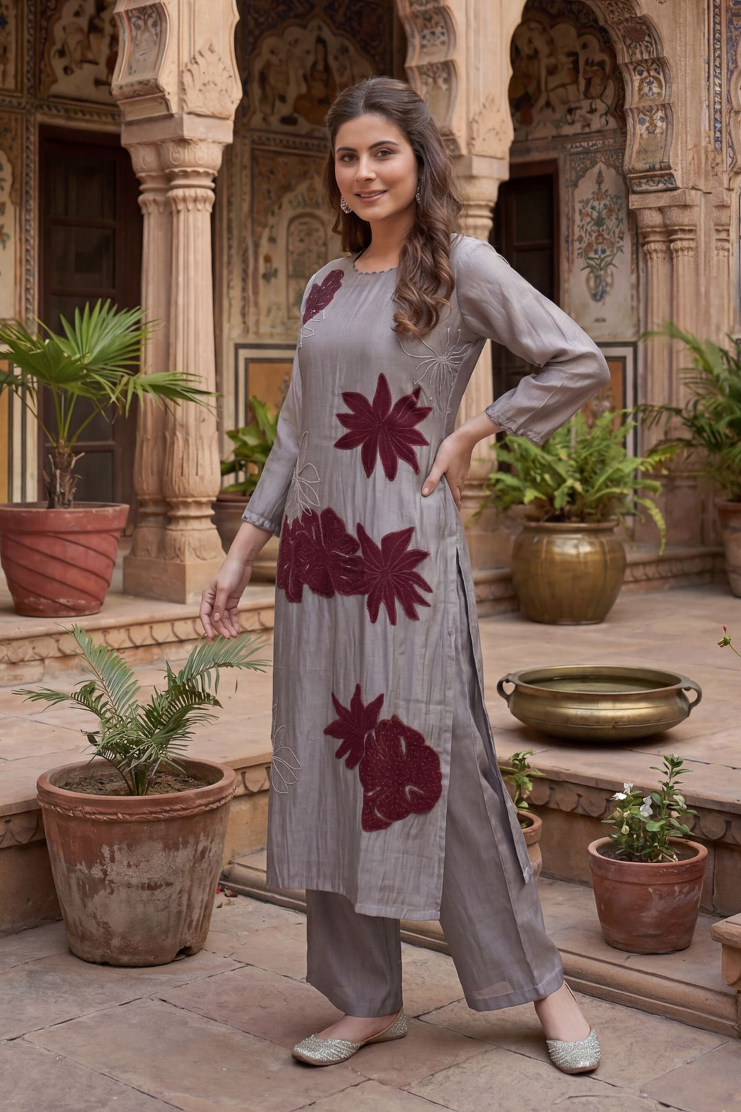 Tissue Suit with Applique, Cutdana, Gota, Thread work.