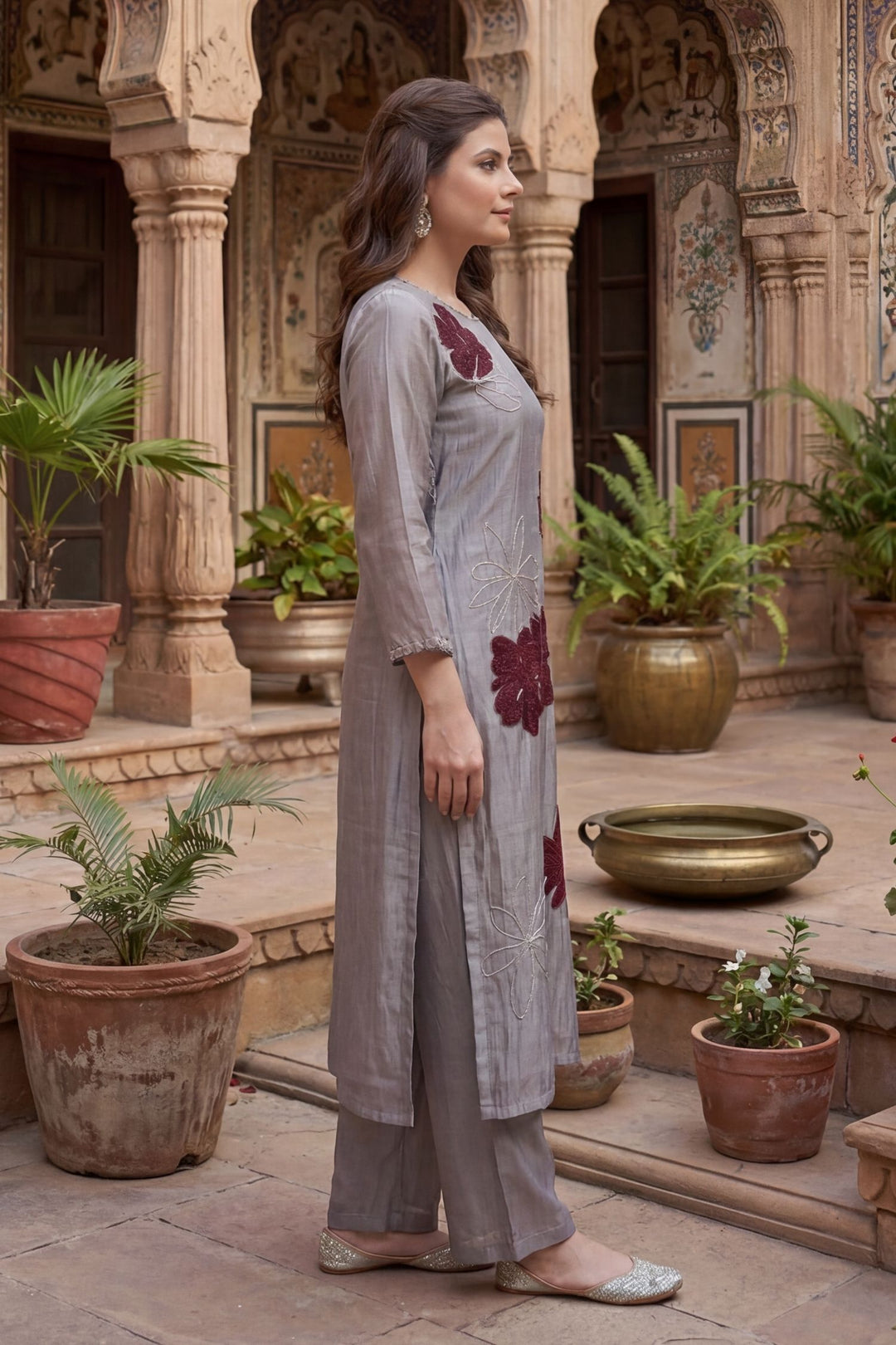 Tissue Suit with Applique, Cutdana, Gota, Thread work.