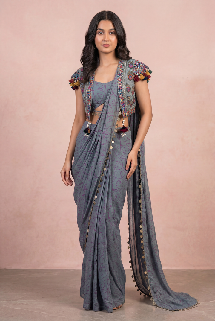 Georgette Indowestern with Mirror, Thread, Zardozi, Zari work.
