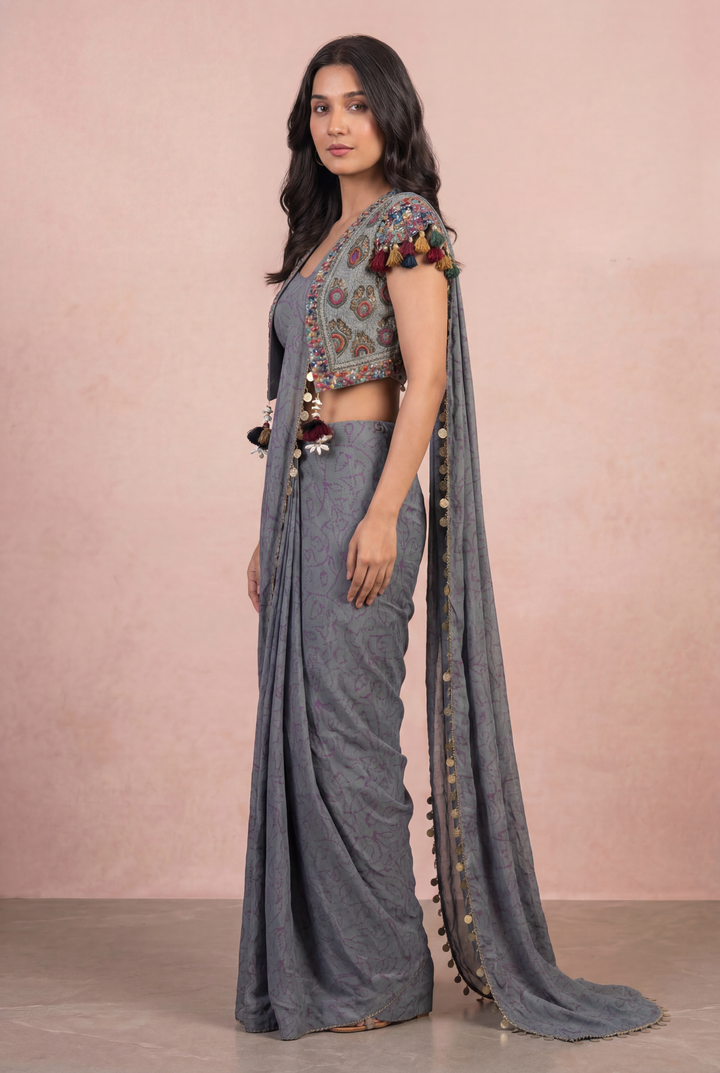 Georgette Indowestern with Mirror, Thread, Zardozi, Zari work.