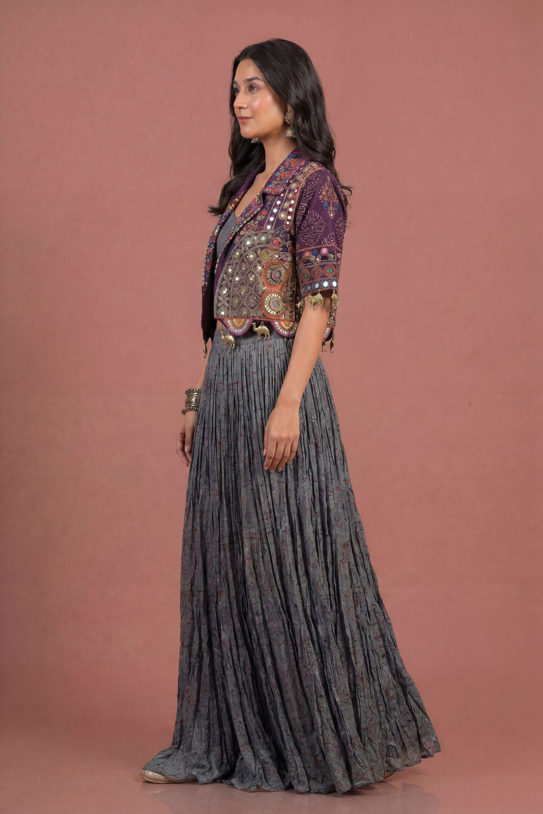 Georgette Indowestern with Mirror, Sequins, Thread, Zardozi, Zari work.