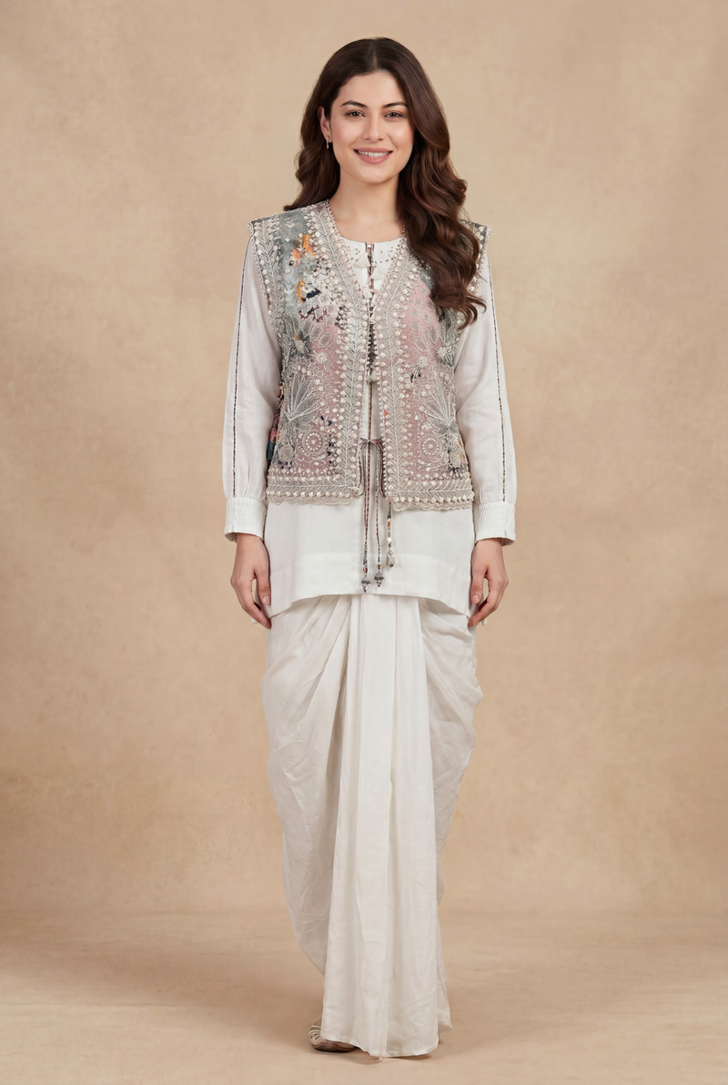 Digital Print Silk Indowestern with Thread, Beads work.