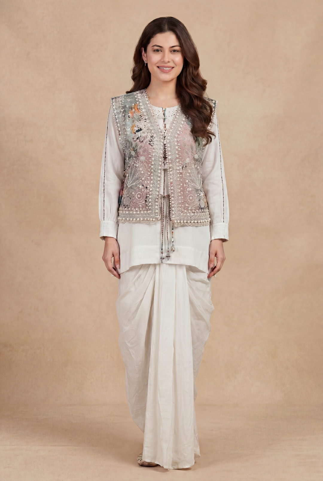 Digital Print Silk Indowestern with Thread, Beads work.