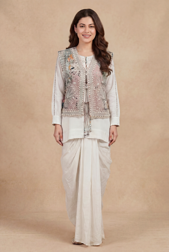 Digital Print Silk Indowestern with Thread, Beads work.