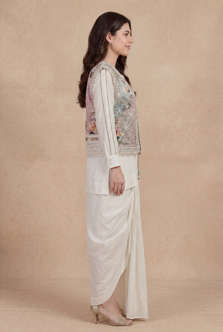Digital Print Silk Indowestern with Thread, Beads work.