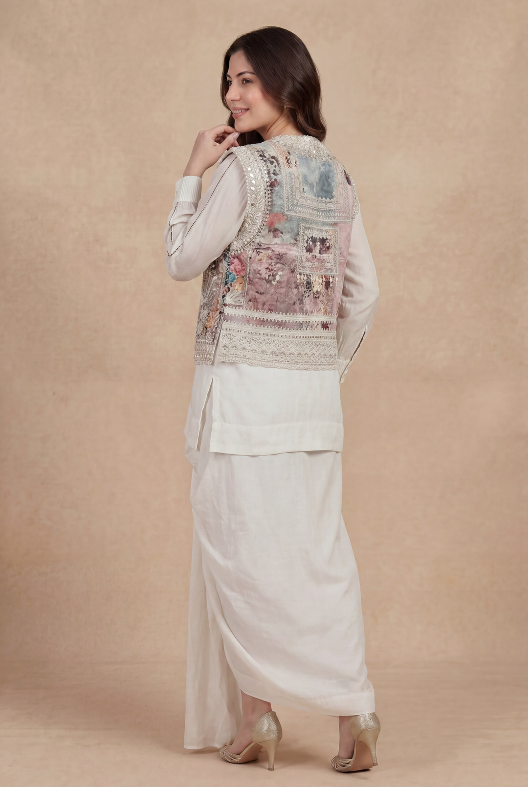 Digital Print Silk Indowestern with Thread, Beads work.