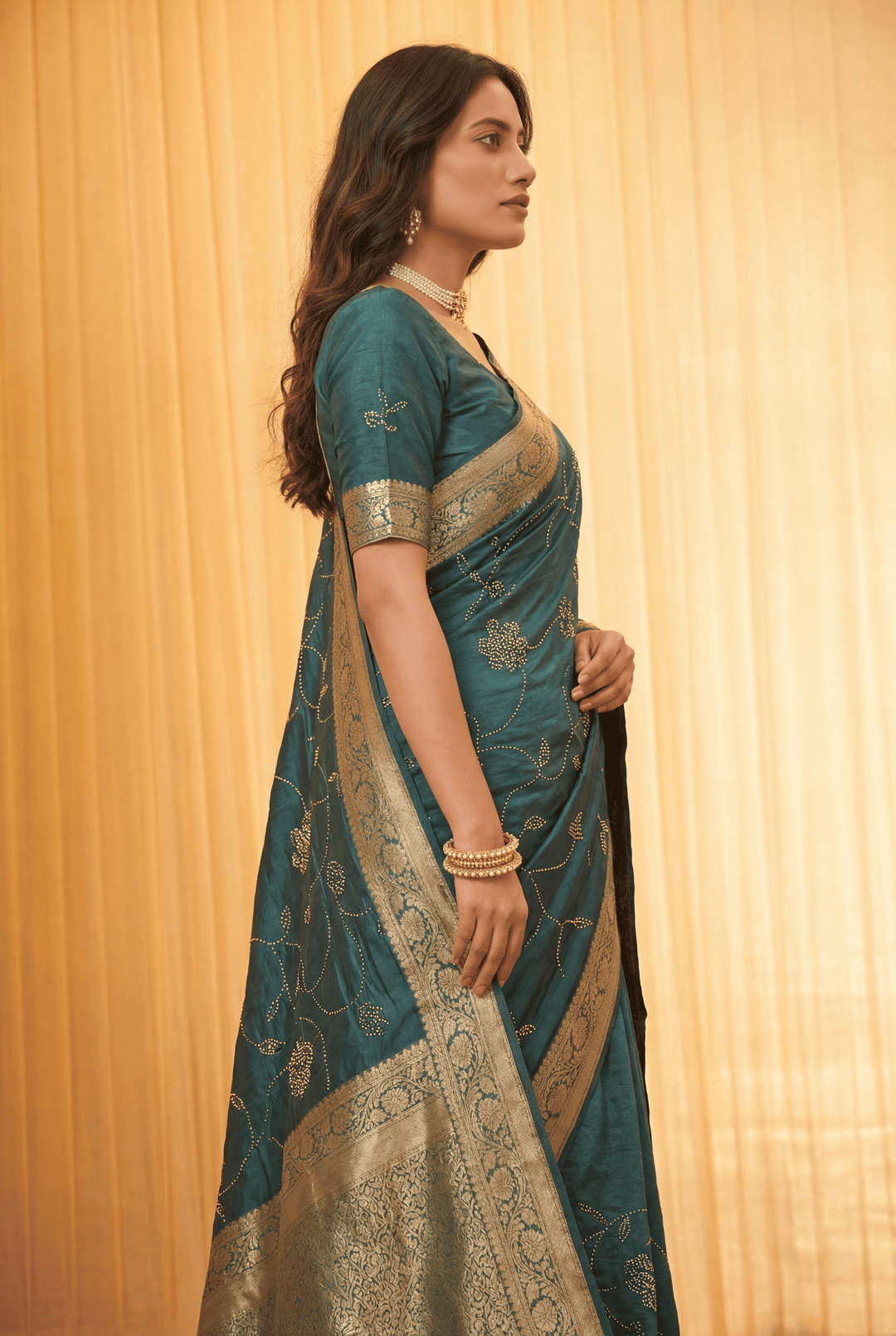 Banarasi Chinon Saree with Swarovski, Zari work.