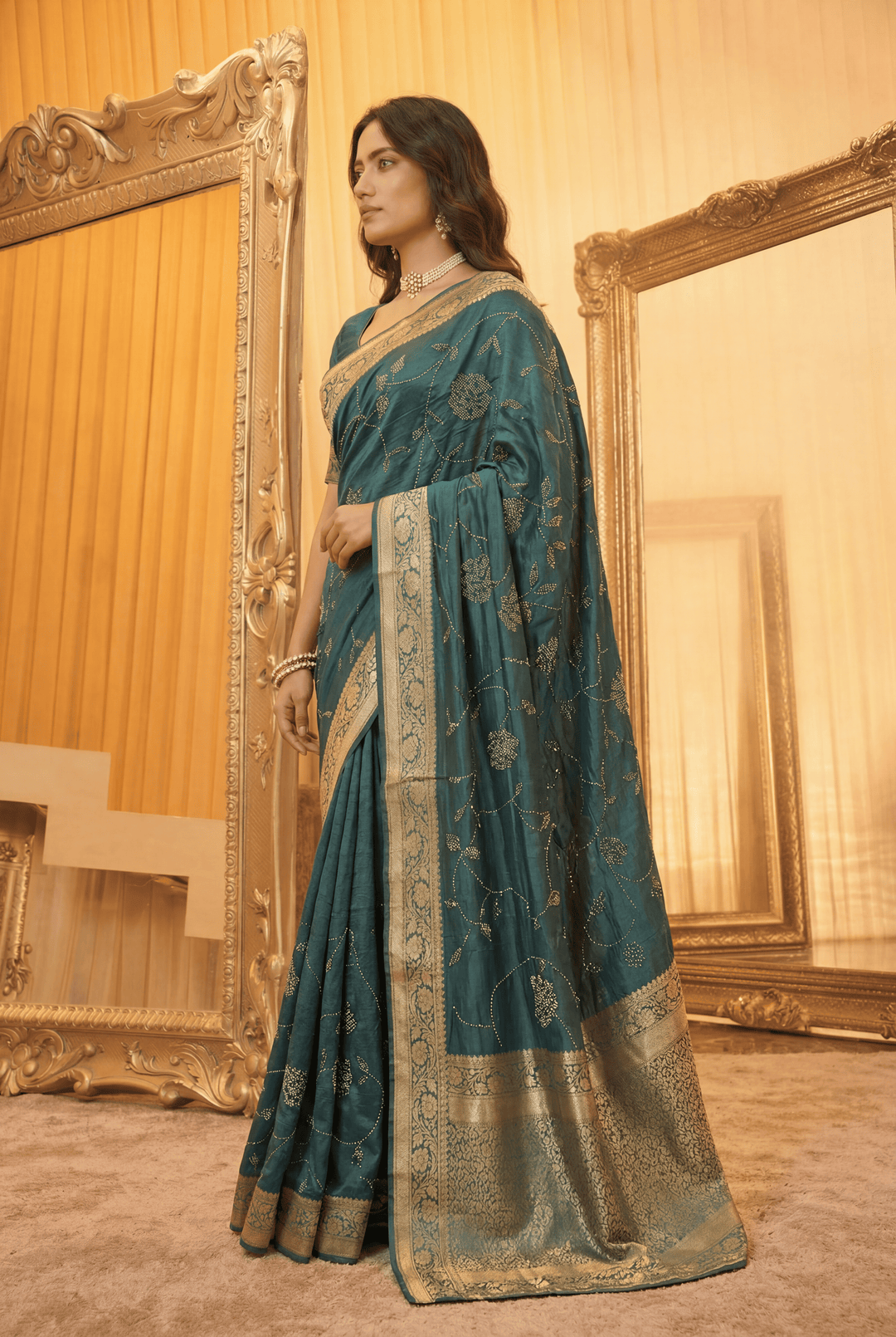Banarasi Chinon Saree with Swarovski, Zari work.