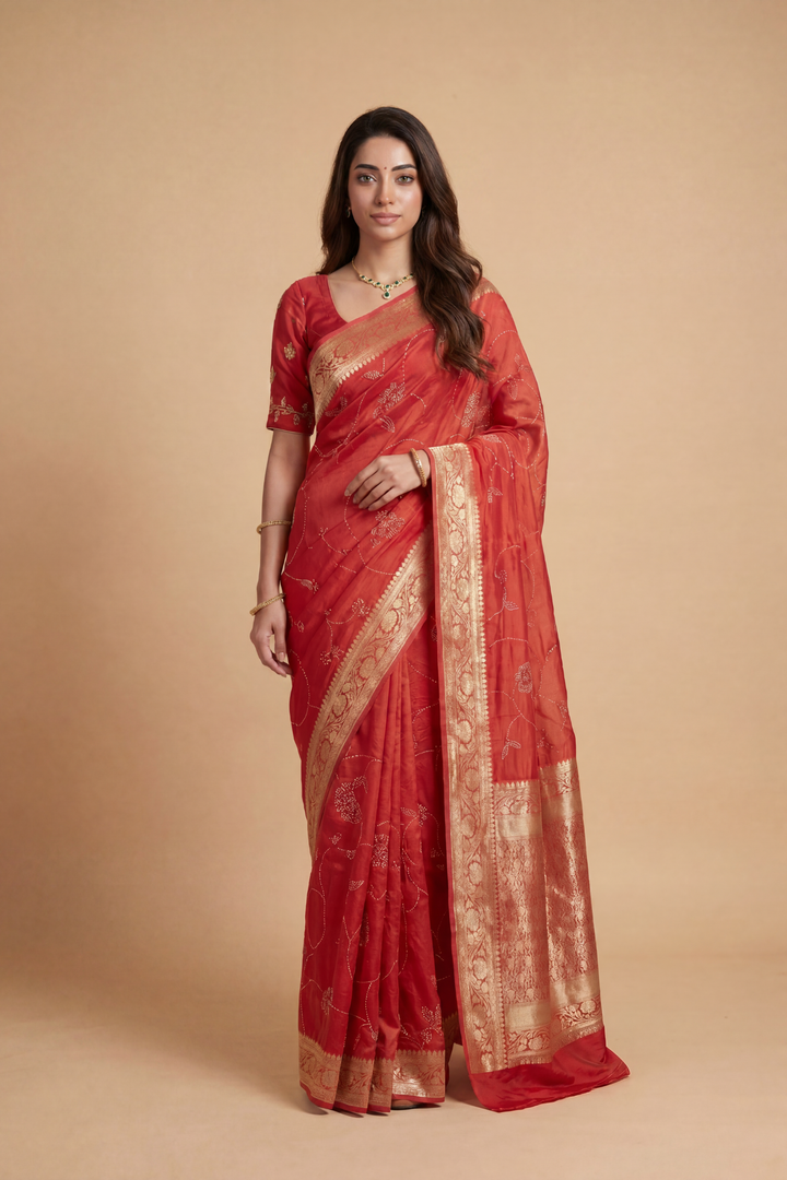 Banarasi Chinon Saree with Swarovski, Zari work.