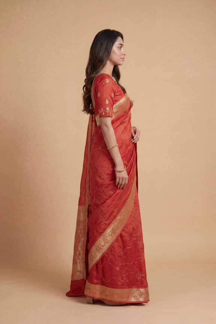 Banarasi Chinon Saree with Swarovski, Zari work.