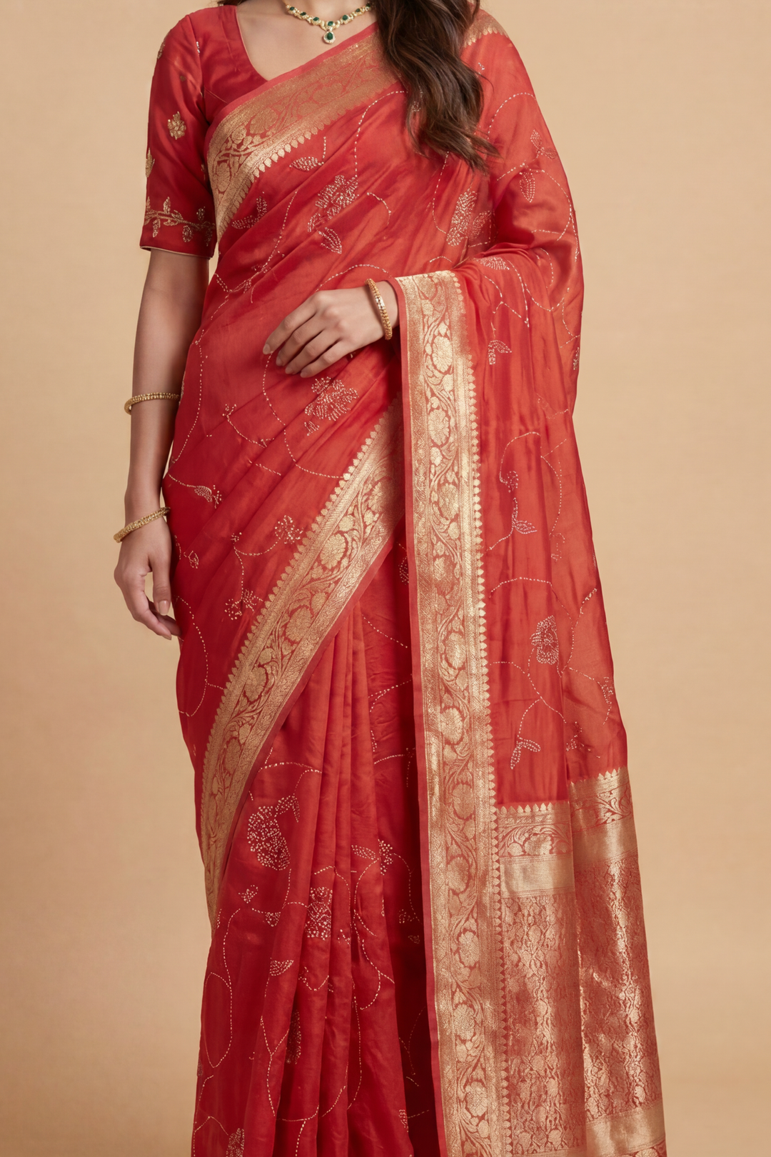 Banarasi Chinon Saree with Swarovski, Zari work.