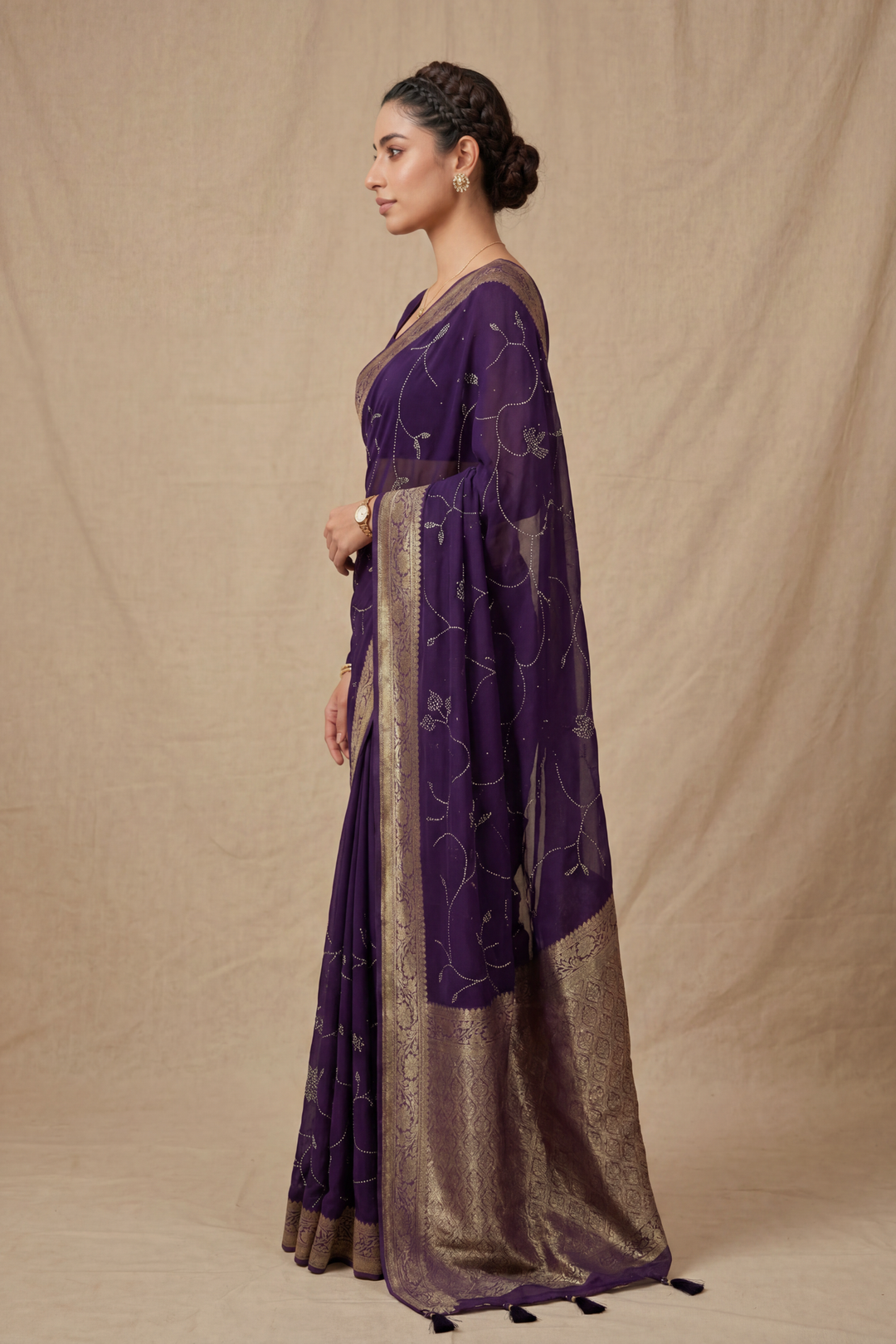 Banarasi Chinon Saree with Swarovski, Zari work.
