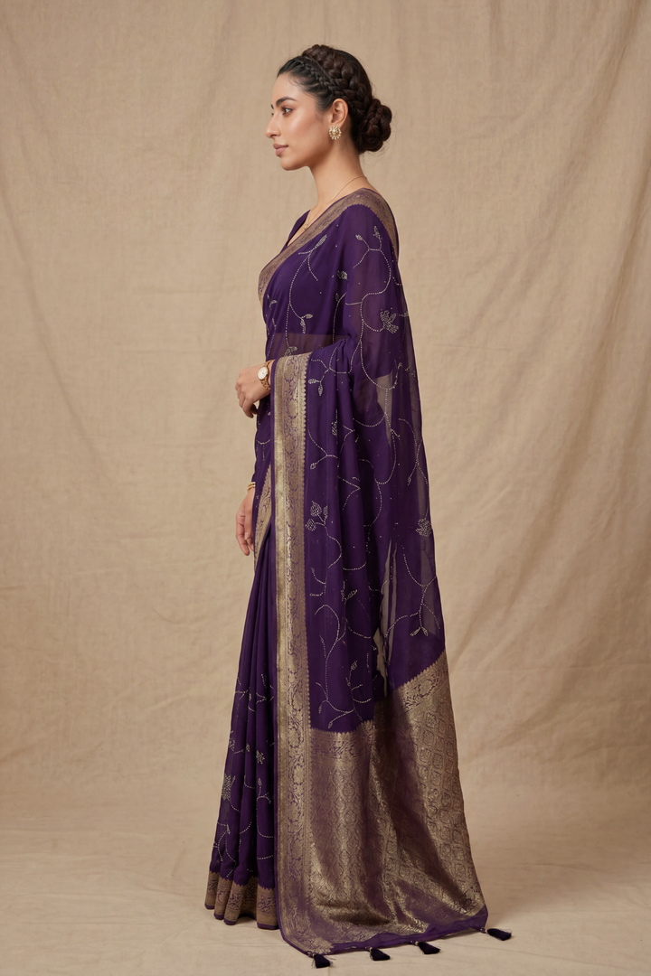 Banarasi Chinon Saree with Swarovski, Zari work.