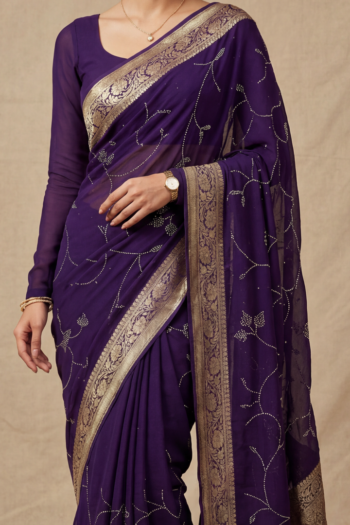 Banarasi Chinon Saree with Swarovski, Zari work.