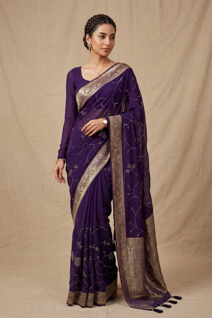 Banarasi Chinon Saree with Swarovski, Zari work.
