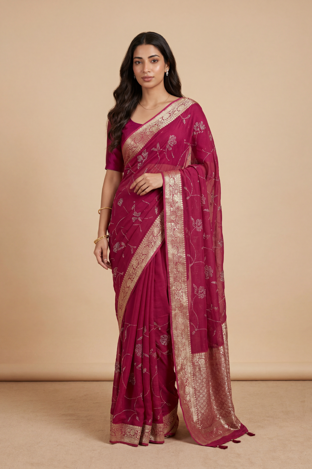 Banarasi Chinon Saree with Swarovski, Zari work.